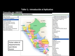 Consulta por UBIGEO
Pulsar sobre el
departamento
que desea
buscar
Taller 1.- Introducción al Aplicativo
 