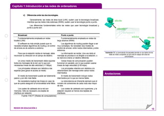 Capítulo 1:Introducción a las redes de ordenadores
Anotaciones
REDES EN EDUCACIÓN 2 15
c) Diferencias entre las dos tecnologías.
Generalmente, las redes de área local (LAN), suelen usar la tecnología broadcast,
mientras que las redes más extensas (WAN), suelen usar la tecnología punto a punto.
Las diferencias fundamentales entre las redes que usan tecnología broadcast y
punto a punto son:
Broadcast Punto a punto
Fundamentalmente empleada en redes
locales (LAN)
Fundamentalmente empleada en redes de
largo alcance (WAN)
El software es más simple puesto que no
necesita emplear algoritmos de routing y el control
de errores es de extremo a extremo.
Los algoritmos de routing pueden llegar a ser
muy complejos. Se necesitan dos niveles de
control de errores: entre nodos intermedios y entre
extremos.
Para que la estación reciba el mensaje, debe
reconocer su dirección en el campo de destino.
La información se recibe. Una vez leído el
mensaje se procesa si va dirigido a la estación, o
se reenvía si tiene un destino diferente.
Un único medio de transmisión debe soportar
todos los mensajes de la red, por lo que son
necesarias líneas de alta velocidad (>1 Mbps)
Varias líneas de comunicación pueden
funcionar en paralelo, por lo que pueden usarse
líneas de baja velocidad (2-50 kbps)
Los principales retrasos son debidos a las
esperas para ganar el acceso al medio.
Los principales retardos son debidos a la
retransmisión del mensaje entre varios nodos
intermedios.
El medio de transmisión puede ser totalmente
pasivo y por ello más fiable.
El medio de transmisión incluye nodos
intermedios por lo que es menos fiable.
Se necesitaría duplicar las líneas en caso de
que se quiera asegurar la funcionalidad ante fallos.
La redundancia es inherente siempre que el
número de conexiones de cada nodo sea mayor
de dos.
Los costes de cableado de la red son
menores. Sólo es necesario una tarjeta de
interface por estación.
Los costes de cableado son superiores, y la
estación requiere al menos dos tarjetas de
interfaces.
Fuente: FACYT (Redes de computadores)
INTERNET
abcde
edcba abcde
INTERNET
Ilustración 13: La conmutación de paquetes permite un uso óptimo de las
redes de medio compartido ya que evita el colapso del canal de
comunicación.
 