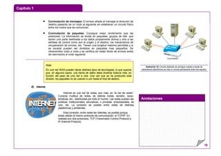 Capítulo 1
Anotaciones
18
• Conmutación de mensajes: El emisor añade al mensaje la dirección de
destino pasando de un nodo al siguiente sin establecer un circuito físico
entre los nodos que se comunican.
• Conmutación de paquetes: Consigue mejor rendimiento que las
anteriores. La información se divide en paquetes -grupos de bits- que
tienen una parte destinada a los datos propiamente dichos y otra a las
señales de control como son el origen y el destino, los mecanismos de
recuperación de errores, etc. Tienen una longitud máxima permitida y si
se excede pueden ser divididos en paquetes mas pequeños. Se
retransmiten nodo a nodo y se certifica sin están libres de errores antes
de reenviarlos al nodo siguiente.
d) Internet.
INTERNETINTERNET
Internet es una red de redes, aún más, es “la red de redes”.
Conecta multitud de redes, de distinta índole, tamaño, carac-
terísticas, etc., distribuidas por todo el mundo. Las redes pueden ser
públicas: institucionales, educativas, o privadas: empresariales, de
ocio, etc. La conexión es posible entre redes de distintas
plataformas y ambientes.
Esta conexión, entre redes tan distintas, es posible porque
todas utilizan el mismo protocolo de comunicación, el TCP/IP. En
realidad son dos protocolos, TCP (Transmisión Control Protocol) e
IP (Internet Protocol).
Conmutador
Ilustración 16: Circuito dedicado se consigue cuando a través de
mecanismos electrónicos se crea un circuito permanente entre dos equipos.
Nota:
En una red WAN pueden darse distintos tipos de tecnologías, lo que supone
que, en algunos casos, una trama de datos deba dividirse todavía más, en
función del paso de una red a otra. Una vez que se ha producido esta
división, los paquetes no se vuelven a unir hasta el host de destino.
 