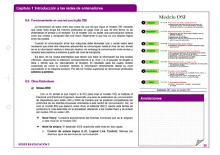 Capítulo 1:Introducción a las redes de ordenadores
Anotaciones
REDES EN EDUCACIÓN 2 35
6.4. Funcionamiento enuna red con la pila OSI
La transmisión de datos entre dos nodos de una red que sigue el modelo OSI, necesita
que cada nodo tenga los mismos protocolos en cada nivel ya que de otra forma no se
entenderían el emisor y el receptor. En el modelo OSI no existe una comunicación directa
entre dos niveles a excepción del nivel físico. Realmente lo que hay es una relación lógica
entre los niveles.
Cuando la comunicación entre dos máquinas debe atravesar una o varias redes será
necesario que entre dos máquinas adyacentes se comuniquen hasta el nivel de red, donde
se ve la información relativa a dirección destino, sin embargo la comunicación entre emisor y
receptor será extremo a extremo a partir del nivel de transporte.
Es decir, en los nodos intermedios solo tienen que tratar la información los tres niveles
inferiores, observando la cabecera correspondiente a su nivel y si el paquete va dirigido a
ellos y viendo que no, reenviándolo al receptor. El resultado para los cuatro niveles
superiores es como si hubieran recibido la información directamente desde su nivel
equivalente en la máquina emisora. Por ello los niveles superiores se denominan protocolos
extremo a extremo.
6.5. Otros Estándares
a) Módelo IEEE
Con un fin similar al que inspiró a la ISO para crear el modelo OSI, el Institute of
Electrical and Electronic Engineers desarrolló una serie de estándares de comunicación
de dispositivos para redes LAN y WAN de manera que se pudieran compatibilizar los
productos de las distintas empresas orientados a este sector de comunicación. Así, se
creó el Comité 802 que elaboró, entre otros, el estándar 802.3, siendo esta familia de
protocolos la más extendida en la actualidad, afectando a los niveles físico y de enlace
del modelo OSI en redes LAN.
• Nivel físico: Cumpliría exactamente las mismas funciones que se le asignan
a este nivel en el modelo OSI.
• Nivel de enlace: El estandar IEEE subdivide este nivel en dos capas:
o Control de enlace lógico (LLC, Logical Link Control): Maneja los
distintos tipos de servicios de comunicación.
Aplicación
Presentación
Sesión
Transporte
Red
Enlace de datos
Física
Modelo OSI
7
6
5
4
3
2
1
Procesos de red a aplicaciones
Proporciona servicios de red a procesos de
aplicación (como correo electrónico, transfe-
rencia de archivos y emulación de terminales)
Representación de datos
Garantizar que los datos sean legibles para el
sistema receptor.
Formato de los datos.
Estructuras de los datos.
Negocia la sintaxis de transferencia de datos
para la capa de aplicación.
Comunicación entre hosts
Establece, administra y termina sesiones entre
aplicaciones.
Conexiones de extremo a extremo
Se ocupa de aspectos de transporte entre hosts.
Confiabilidad del transporte de datos.
Establecer, mantener, terminar circuitos virtuales.
Detección y recuperación de fallas.
Control del flujo de información.
Direccionamiento y mejor ruta
Proporciona conectividad y selección de ruta entre
dos sistemas finales.
Dominio de enrutamiento.
Acceso a los medios
Permite la transferencia confiable de los datos a
través e los medios.
Direccionamiento físico, topología de red,
notificación de errores, control de flujo.
Transmisión binaria
Cables, conectores, voltajes, velocidades
de datos.
Ilustración 34: Capas del modelo OSI
 