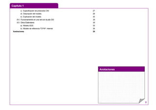 Capítulo 1
Anotaciones
2
c) Especificación de protocolos OSI. 27
d) Descripción del modelo. 28
e) Explicación del modelo. 30
6.4. Funcionamiento en una red con la pila OSI 35
6.5. Otros Estándares 35
a) Módelo IEEE 35
b) Modelo de referencia TCP/IP. Internet. 36
Ilustraciones 38
 