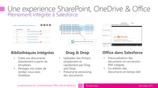 tech.days 2015#mstechdays
Pleinement intégrée à Salesforce
La performance du commercial avec Office 365 et Salesforce
• Créez vos documents
directement à partir de
templates
• Partagez vos notes de
rendez-vous avec
OneNote
Bibliothèques intégrées
• Uploadez des fichiers
simplement et
rapidement par Drag
and Drop
• Préserve le versioning
des documents
Drag & Drop
• Prévisualisation des
documents et conversion
PDF intégrée
• Co-edition des
documents en temps réel
Office dans Salesforce
 