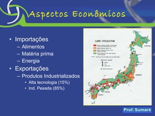 Aspectos Econômicos Importações Alimentos Matéria prima Energia Exportações Produtos Industrializados Alta tecnologia (15%) Ind. Pesada (85%) 