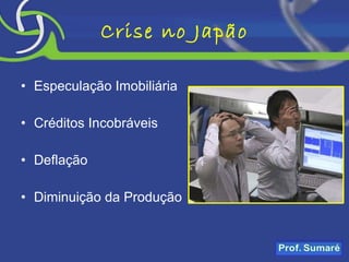 Crise no Japão Especulação Imobiliária Créditos Incobráveis Deflação Diminuição da Produção 