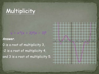 Multiplicityy = x³(x + 2)4(x − 3)5Answer.0 is a root of multiplicity 3,-2 is a root of multiplicity 4, and 3 is a root of multiplicity 5. 