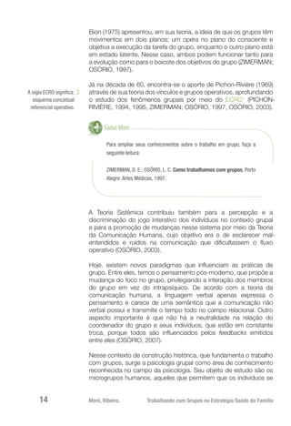 Moré, Ribeiro.	 Trabalhando com Grupos na Estratégia Saúde da Família14
Bion (1975) apresentou, em sua teoria, a ideia de que os grupos têm
movimentos em dois planos: um opera no plano do consciente e
objetiva a execução da tarefa do grupo, enquanto o outro plano está
em estado latente. Nesse caso, ambos podem funcionar tanto para
a evolução como para o boicote dos objetivos do grupo (ZIMERMAN;
OSÓRIO, 1997).
Já na década de 60, encontra-se o aporte de Pichon-Rivière (1969)
através de sua teoria dos vínculos e grupos operativos, aprofundando
o estudo dos fenômenos grupais por meio do ECRO1
(PICHON-
RIVIÈRE, 1994, 1995, ZIMERMAN; OSÓRIO, 1997, OSÓRIO, 2003).
Saiba Mais
Para ampliar seus conhecimentos sobre o trabalho em grupo, faça a
seguinte leitura:
ZIMERMAN, D. E.; OSÓRIO, L. C. Como trabalhamos com grupos. Porto
Alegre: Artes Médicas, 1997.
A Teoria Sistêmica contribuiu também para a percepção e a
discriminação do jogo interativo dos indivíduos no contexto grupal
e para a promoção de mudanças nesse sistema por meio da Teoria
da Comunicação Humana, cujo objetivo era o de esclarecer mal-
entendidos e ruídos na comunicação que dificultassem o fluxo
operativo (OSÓRIO, 2003).
Hoje, existem novos paradigmas que influenciam as práticas de
grupo. Entre eles, temos o pensamento pós-moderno, que propõe a
mudança do foco no grupo, privilegiando a interação dos membros
do grupo em vez do intrapsíquico. De acordo com a teoria da
comunicação humana, a linguagem verbal apenas expressa o
pensamento e carece de uma semântica que a comunicação não
verbal possui e transmite o tempo todo no campo relacional. Outro
aspecto importante é que não há a neutralidade na relação do
coordenador do grupo e seus indivíduos, que estão em constante
troca, porque todos são influenciados pelos feedbacks emitidos
entre eles (OSÓRIO, 2007).
Nesse contexto de construção histórica, que fundamenta o trabalho
com grupos, surge a psicologia grupal como área de conhecimento
reconhecida no campo da psicologia. Seu objeto de estudo são os
microgrupos humanos, aqueles que permitem que os indivíduos se
A sigla ECRO significa:
esquema conceitual
referencial operativo.
3
 