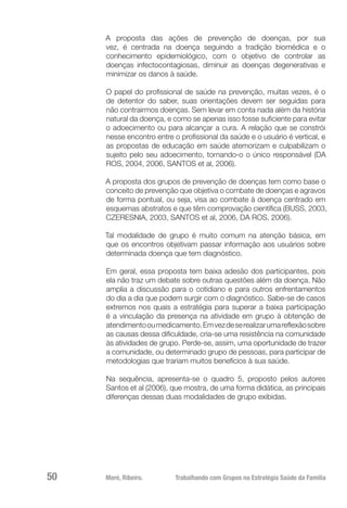 Moré, Ribeiro.	 Trabalhando com Grupos na Estratégia Saúde da Família50
A proposta das ações de prevenção de doenças, por sua
vez, é centrada na doença seguindo a tradição biomédica e o
conhecimento epidemiológico, com o objetivo de controlar as
doenças infectocontagiosas, diminuir as doenças degenerativas e
minimizar os danos à saúde.
O papel do profissional de saúde na prevenção, muitas vezes, é o
de detentor do saber, suas orientações devem ser seguidas para
não contrairmos doenças. Sem levar em conta nada além da história
natural da doença, e como se apenas isso fosse suficiente para evitar
o adoecimento ou para alcançar a cura. A relação que se constrói
nesse encontro entre o profissional da saúde e o usuário é vertical, e
as propostas de educação em saúde atemorizam e culpabilizam o
sujeito pelo seu adoecimento, tornando-o o único responsável (DA
ROS, 2004, 2006, SANTOS et al, 2006).
A proposta dos grupos de prevenção de doenças tem como base o
conceito de prevenção que objetiva o combate de doenças e agravos
de forma pontual, ou seja, visa ao combate à doença centrado em
esquemas abstratos e que têm comprovação científica (BUSS, 2003,
CZERESNIA, 2003, SANTOS et al, 2006, DA ROS, 2006).
Tal modalidade de grupo é muito comum na atenção básica, em
que os encontros objetivam passar informação aos usuários sobre
determinada doença que tem diagnóstico.
Em geral, essa proposta tem baixa adesão dos participantes, pois
ela não traz um debate sobre outras questões além da doença. Não
amplia a discussão para o cotidiano e para outros enfrentamentos
do dia a dia que podem surgir com o diagnóstico. Sabe-se de casos
extremos nos quais a estratégia para superar a baixa participação
é a vinculação da presença na atividade em grupo à obtenção de
atendimentooumedicamento.Emvezdeserealizarumareflexãosobre
as causas dessa dificuldade, cria-se uma resistência na comunidade
às atividades de grupo. Perde-se, assim, uma oportunidade de trazer
a comunidade, ou determinado grupo de pessoas, para participar de
metodologias que trariam muitos benefícios à sua saúde.
Na sequência, apresenta-se o quadro 5, proposto pelos autores
Santos et al (2006), que mostra, de uma forma didática, as principais
diferenças dessas duas modalidades de grupo exibidas.
 