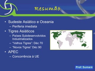 Resumão Sudeste Asiático e Oceania Periferia imediata Tigres Asiáticos Países Subdesenvolvidos Industrializados “ Velhos Tigres”: Déc 70 “ Novos Tigres” Déc 90 APEC Concorrência à UE 