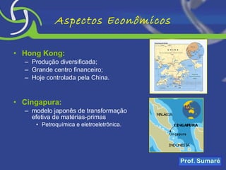 Aspectos Econômicos Hong Kong: Produção diversificada; Grande centro financeiro; Hoje controlada pela China. Cingapura: modelo japonês de transformação efetiva de matérias-primas Petroquímica e eletroeletrônica.  