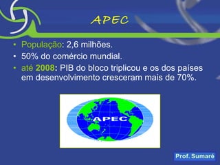 APEC População : 2,6 milhões. 50% do comércio mundial. até  2008 :  PIB do bloco triplicou e os dos países em desenvolvimento cresceram mais de 70%. 
