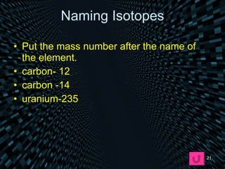 Naming Isotopes Put the mass number after the name of the element. carbon- 12 carbon -14 uranium-235 