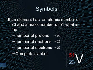 Symbols If an element has  an atomic number of  23 and a mass number of 51 what is the  number of protons number of neutrons number of electrons Complete symbol = 23 = 28 = 23 V 51 23 