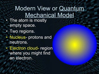 Modern View or  Quantum Mechanical Model The atom is mostly empty space. Two regions. Nucleus - protons and neutrons. Electron cloud-  region where you might find an electron. 