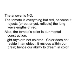 The answer is NO.
The tomato is everything but red, because it
  rejects (or better yet, reflects) the long
  wavelengths of red.
Also, the tomato’s color is our mental
  construction.
Light rays are not colored. Color does not
  reside in an object; it resides within our
  brain; hence our ability to dream in color.
 