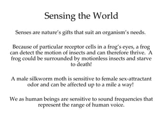 Sensing the World
  Senses are nature’s gifts that suit an organism’s needs.

 Because of particular receptor cells in a frog’s eyes, a frog
can detect the motion of insects and can therefore thrive. A
frog could be surrounded by motionless insects and starve
                          to death!

A male silkworm moth is sensitive to female sex-attractant
      odor and can be affected up to a mile a way!

We as human beings are sensitive to sound frequencies that
          represent the range of human voice.
 