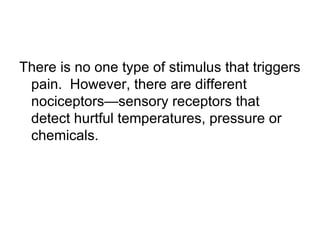 There is no one type of stimulus that triggers
 pain. However, there are different
 nociceptors—sensory receptors that
 detect hurtful temperatures, pressure or
 chemicals.
 