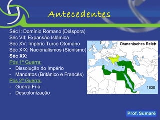 Antecedentes Séc I: Domínio Romano (Diáspora) Séc VII: Expansão Islâmica Séc XV: Império Turco Otomano Séc XIX: Nacionalismos (Sionismo) Séc XX: Pós 1ª Guerra:   Dissolução do Império Mandatos (Britânico e Francês) Pós 2ª Guerra: Guerra Fria  Descolonização 
