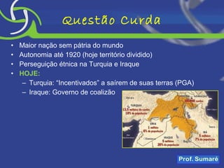 Questão Curda Maior nação sem pátria do mundo Autonomia até 1920 (hoje território dividido) Perseguição étnica na Turquia e Iraque HOJE: Turquia: “Incentivados” a saírem de suas terras (PGA) Iraque: Governo de coalizão 