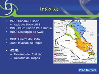 Iraque 1979: Sadam Hussein Apoio dos EUA e URSS 1980-1988: Guerra Irã X Iraque 1990: Ocupação do Kwait 3ª Crise do Petróleo 1991: Guerra do Golfo 2003: Invasão do Iraque HOJE: Governo de Coalizão Retirada de Tropas 