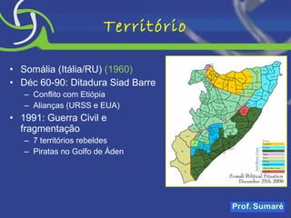 Território Somália (Itália/RU)  (1960) Déc 60-90: Ditadura Siad Barre Conflito com Etiópia Alianças (URSS e EUA) 1991: Guerra Civil e fragmentação 7 territórios rebeldes Piratas no Golfo de Áden 
