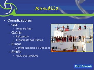 Somália Complicadores ONU Tropa de Paz Quênia Refugiados Julgamento dos Piratas Etiópia Conflito (Deserto de Ogaden) Eritréia Apoio aos rebeldes 
