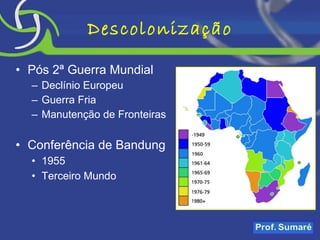 Descolonização Pós 2ª Guerra Mundial Declínio Europeu Guerra Fria Manutenção de Fronteiras Conferência de Bandung 1955 Terceiro Mundo 