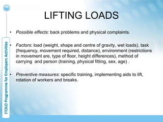 LIFTING LOADS
• Possible effects: back problems and physical complaints.
• Factors: load (weight, shape and centre of gravity, wet loads), task
(frequency, movement required, distance), environment (restrictions
in movement are, type of floor, height differences), method of
carrying and person (training, physical fitting, sex, age) .
• Preventive measures: specific training, implementing aids to lift,
rotation of workers and breaks.
 