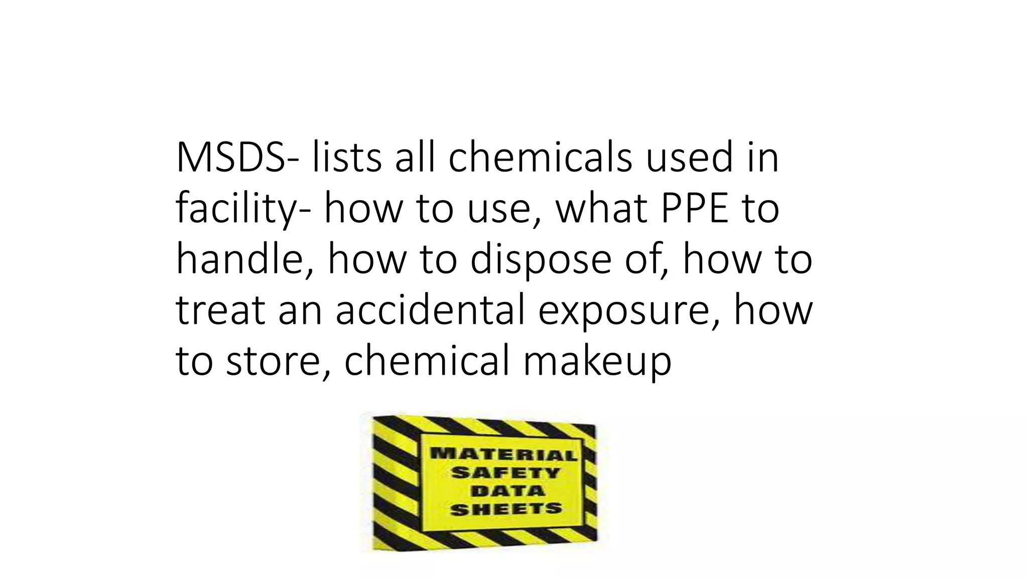 MSDS- lists all chemicals used in
facility- how to use, what PPE to
handle, how to dispose of, how to
treat an accidental exposure, how
to store, chemical makeup
 
