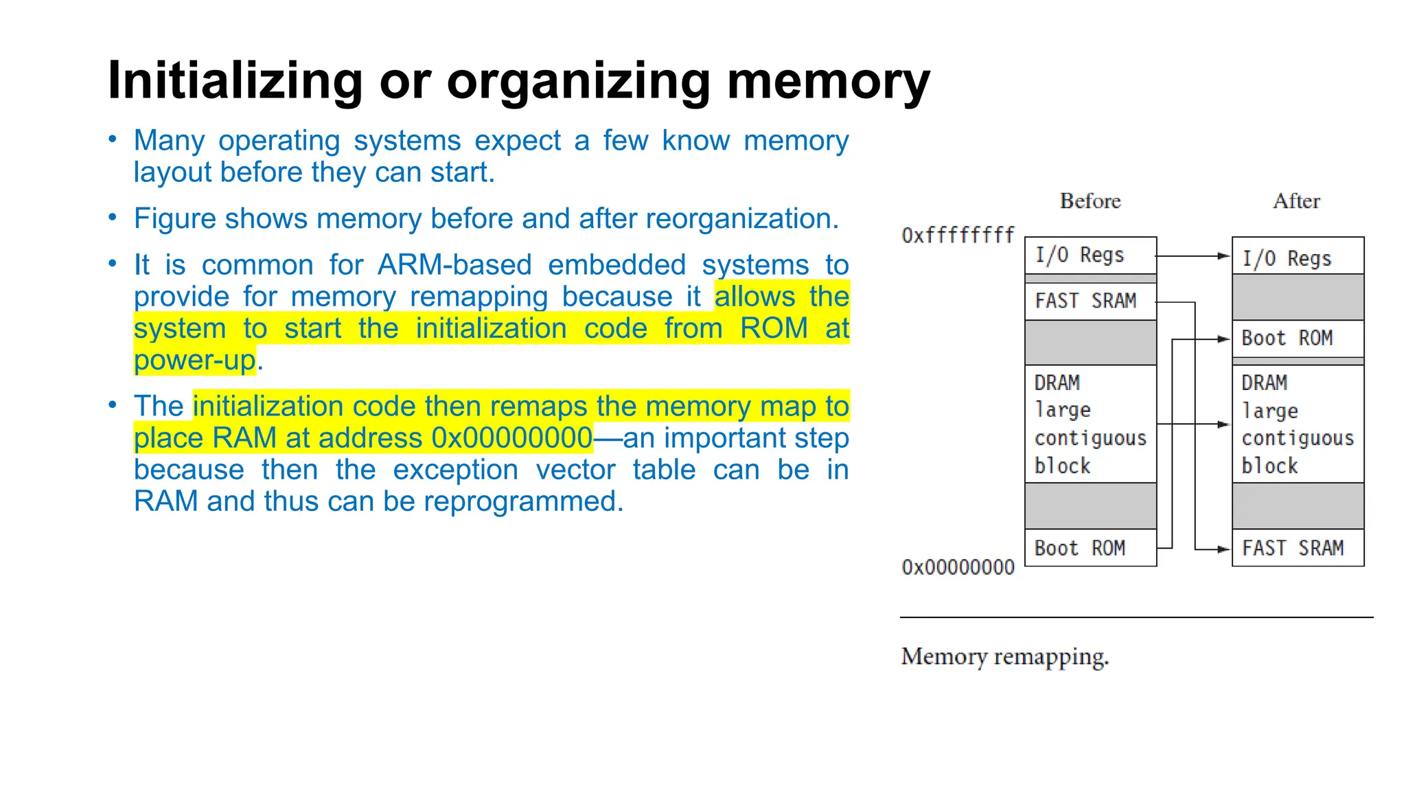Initializing or organizing memory
• Many operating systems expect a few know memory
layout before they can start.
• Figure shows memory before and after reorganization.
• It is common for ARM-based embedded systems to
provide for memory remapping because it allows the
system to start the initialization code from ROM at
power-up.
• The initialization code then remaps the memory map to
place RAM at address 0x00000000—an important step
because then the exception vector table can be in
RAM and thus can be reprogrammed.
 