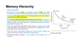 Memory Hierarchy
• Memory trade-offs:
• the fastest memory cache is physically located nearer the ARM
processor core and the slowest secondary memory is set further away.
• Generally the closer memory is to the processor core, the more it
costs and the smaller its capacity.
• The cache is placed between main memory and the core. It is used to
speed up data transfer between the processor and main memory. A
cache provides an overall increase in performance but with a loss of
predictable execution time.
• The main memory/primary/direct CPU access is large—around 256
KB to 256 MB (or even greater), depending on the application—and is
generally stored in separate chips.
• Load and store instructions access the main memory unless the
values have been stored in the cache for fast access.
• Secondary/auxillary storage is the largest and slowest form of
memory.
 