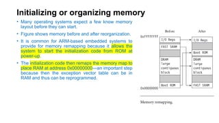 Initializing or organizing memory
• Many operating systems expect a few know memory
layout before they can start.
• Figure shows memory before and after reorganization.
• It is common for ARM-based embedded systems to
provide for memory remapping because it allows the
system to start the initialization code from ROM at
power-up.
• The initialization code then remaps the memory map to
place RAM at address 0x00000000—an important step
because then the exception vector table can be in
RAM and thus can be reprogrammed.
 