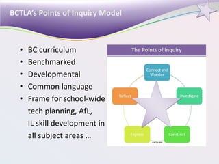 BCTLA’s Points of Inquiry Model
• BC curriculum
• Benchmarked
• Developmental
• Common language
• Frame for school-wide
tech planning, AfL,
IL skill development in
all subject areas …
 