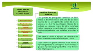 COMPONENTES
EXPEDIENTES
TÉCNICOS DE OBRA
Memoria Descriptiva
Estudios básicos y
específicos
Planos de
ejecución de obra
Especificaciones
técnicas
Metrados
Análisis de precios
unitarios
Valor referencial
(Presupuesto de obra )
Fórmulas
polinómicas
Cronograma de
ejecución de obra
Cada partida del presupuesto constituye un costo
parcial, la determinación de cada uno de los costos
requiere de su correspondiente análisis de precios
unitarios; es decir la cuantificación técnica de la
cantidad de recursos (mano de obra, materiales,
equipo, maquinaria, herramientas, entre otros), que se
requieren para ejecutar cada unidad de la partida y su
costo.
Para hacer el cálculo se agrupan los insumos en los
rubros materiales, mano de obra, equipos y otros.
En los análisis de precios unitarios no se incluirá el
impuesto general a las ventas (IGV) de los insumos, ya
que este impuesto se agregará al final sobre el monto
total del presupuesto.
 
