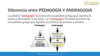 Diferencia entre PEDAGOGÍA Y ANDRAGOGIA
La palabra ”pedagogía” proviene de una palabra griega que significa la
práctica de enseñar a los niños. La ”andragogía” también proviene de
una palabra griega que significa la práctica de enseñar a adultos.
“ENSEÑAR CON AUTONOMIA EMPODERA A LOS DOCENTES”
 