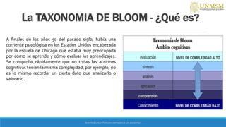 La TAXONOMIA DE BLOOM - ¿Qué es?
“ENSEÑAR CON AUTONOMIA EMPODERA A LOS DOCENTES”
A finales de los años 50 del pasado siglo, había una
corriente psicológica en los Estados Unidos encabezada
por la escuela de Chicago que estaba muy preocupada
por cómo se aprende y cómo evaluar los aprendizajes.
Se comprobó rápidamente que no todas las acciones
cognitivas tenían la misma complejidad, por ejemplo, no
es lo mismo recordar un cierto dato que analizarlo o
valorarlo.
 