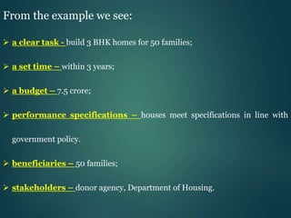 From the example we see:
 a clear task - build 3 BHK homes for 50 families;
 a set time – within 3 years;
 a budget – 7.5 crore;
 performance specifications – houses meet specifications in line with
government policy.
 beneficiaries – 50 families;
 stakeholders – donor agency, Department of Housing.
 