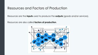 Resources and Factors of Production
Resources are the inputs used to produce the outputs (goods and/or services).
Resources are also called factors of production.
 