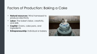 Factors of Production: Baking a Cake
• Natural resources: Wind harnessed to
produce electricity
• Labor: The baker's labor, creativity,
and skills
• Capital: Ovens, cake pans, and
ingredients
• Entrepreneurship: Individual or bakery
 