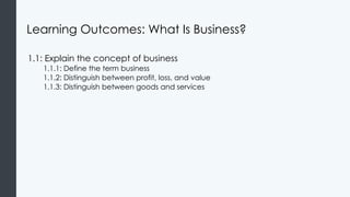 Learning Outcomes: What Is Business?
1.1: Explain the concept of business
1.1.1: Define the term business
1.1.2: Distinguish between profit, loss, and value
1.1.3: Distinguish between goods and services
 