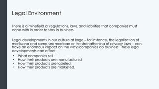 Legal Environment
There is a minefield of regulations, laws, and liabilities that companies must
cope with in order to stay in business.
Legal developments in our culture at large – for instance, the legalization of
marijuana and same-sex marriage or the strengthening of privacy laws – can
have an enormous impact on the ways companies do business. These legal
developments can affect:
• What companies sell
• How their products are manufactured
• How their products are labeled
• How their products are marketed.
 