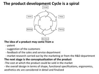 The product development Cycle is a spiral
The idea of a product may come from a
- patent
- suggestion of the customers
- feedback of the sales and service department
- market research carried out by the marketing or from the R&D department
The next stage is the conceptualization of the product
-The cost at which the product could be sold in the market
- the overall design in terms of shape, functional specifications, ergonomics,
aesthetics etc are considered in detail and finalized
 