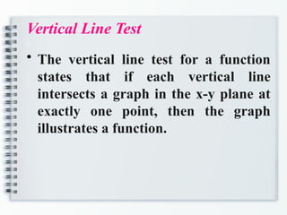 Vertical Line Test
a
• The vertical line test for a function
states that if each vertical line
intersects a graph in the x-y plane at
exactly one point, then the graph
illustrates a function.
 