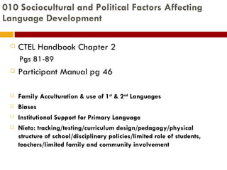 010 Sociocultural and Political Factors Affecting Language Development  CTEL Handbook Chapter 2 Pgs 81-89 Participant Manual pg 46 Family Acculturation & use of 1 st  & 2 nd  Languages Biases Institutional Support for Primary Language Nieto: tracking/testing/curriculum design/pedagogy/physical structure of school/disciplinary policies/limited role of students, teachers/limited family and community involvement 