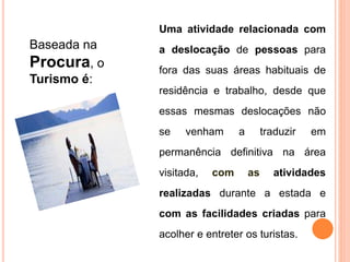 Baseada na
Procura, o
Turismo é:
Uma atividade relacionada com
a deslocação de pessoas para
fora das suas áreas habituais de
residência e trabalho, desde que
essas mesmas deslocações não
se venham a traduzir em
permanência definitiva na área
visitada, com as atividades
realizadas durante a estada e
com as facilidades criadas para
acolher e entreter os turistas.
 