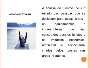 Baseada na Procura:
A análise do turismo inclui o
estado das pessoas que se
deslocam para essas áreas ,
os equipamentos e
infraestruturas que são
construídos para os turistas e
os impactos económico,
ambiental e sociocultural
criados pelos turistas nas
áreas recetoras.
 