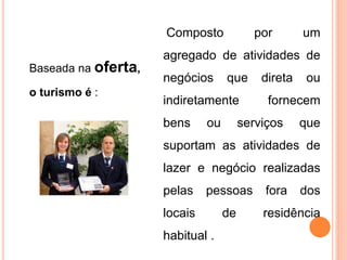 Baseada na oferta,
o turismo é :
Composto por um
agregado de atividades de
negócios que direta ou
indiretamente fornecem
bens ou serviços que
suportam as atividades de
lazer e negócio realizadas
pelas pessoas fora dos
locais de residência
habitual .
 