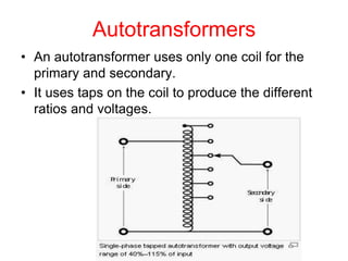 Autotransformers
• An autotransformer uses only one coil for the
primary and secondary.
• It uses taps on the coil to produce the different
ratios and voltages.
 