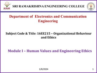 Department of Electronics and Communication
Engineering
Module I – Human Values and Engineering Ethics
Subject Code & Title: 16EE215 – Organizational Behaviour
and Ethics
1/8/2024 1
 