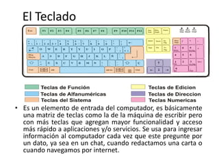 El Teclado

• Es un elemento de entrada del computador, es básicamente
una matriz de teclas como la de la máquina de escribir pero
con más teclas que agregan mayor funcionalidad y acceso
más rápido a aplicaciones y/o servicios. Se usa para ingresar
información al computador cada vez que este pregunte por
un dato, ya sea en un chat, cuando redactamos una carta o
cuando navegamos por internet.

 