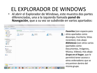 EL EXPLORADOR DE WINDOWS

• Al abrir el Explorador de Windows, este muestra dos partes
diferenciadas, una a la izquierda llamada panel de
Navegación, que a su vez se subdivide en varios apartados:
Favoritos (con espacio para
otros apartados como
descargas, Escritorio, Sitios
recientes); más abajo
Bibliotecas (con otros varios
apartados como
Documentos, Imágenes,
Música, Vídeos); más abajo
Grupo en el hogar, que le
permitirá tener acceso a
otros ordenadores que se
encuentren dentro del
mismo grupo.

 